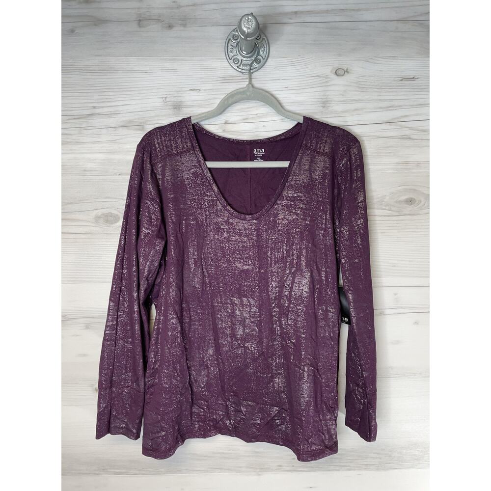 ANA A New Approach Shirt Womens Petite XL Purple Foil Long Sleeve Scoopneck 7030